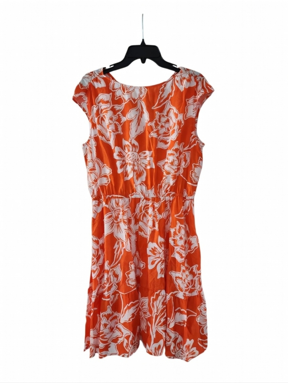 Tropical Orange Floral Cap-Sleeve Midi Dress